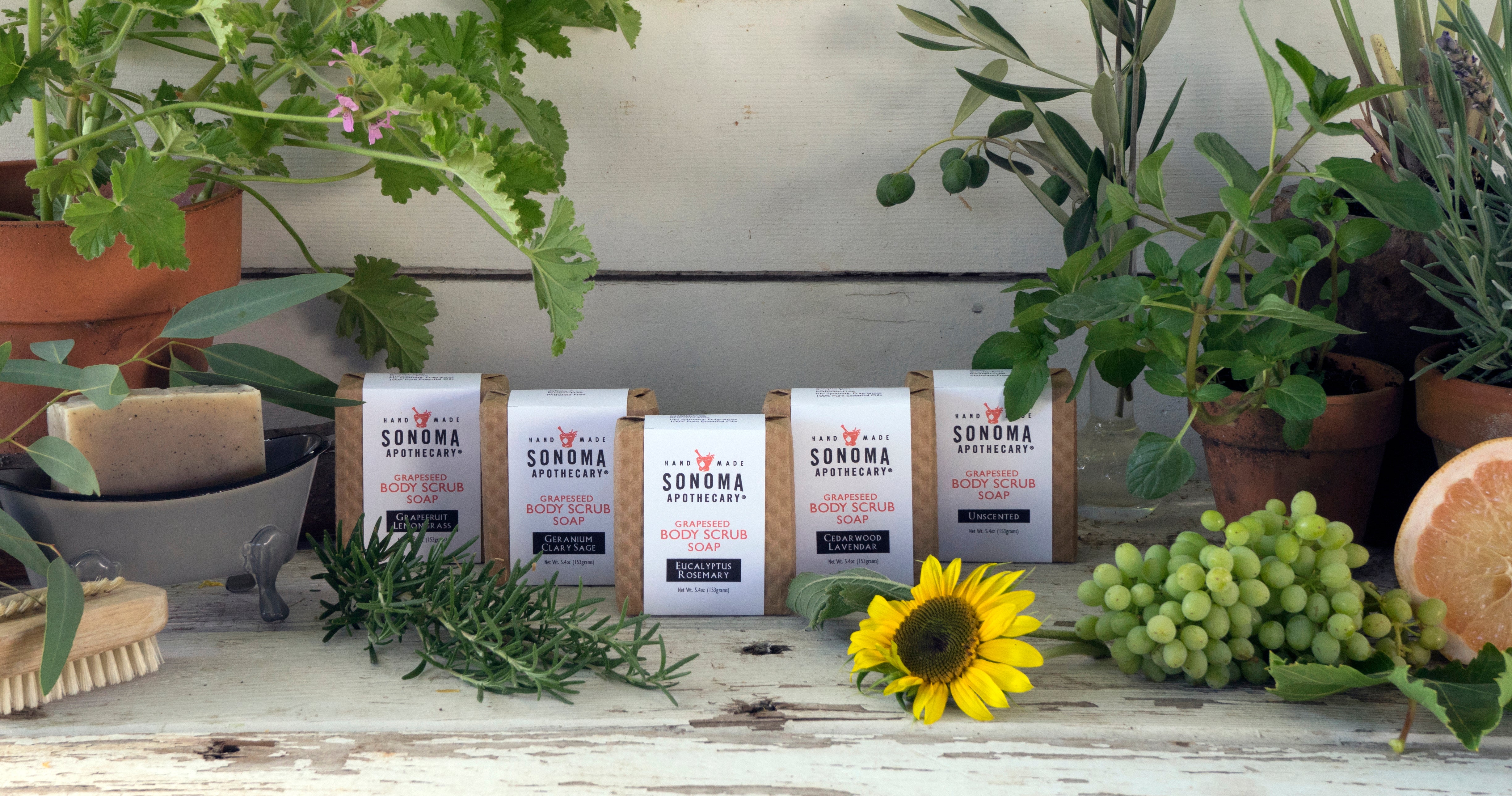 Collection of body scrub soap bars with plants, grapes, a sunflower, cut fruit, natural bristle brush against a whitewashed wood structure.