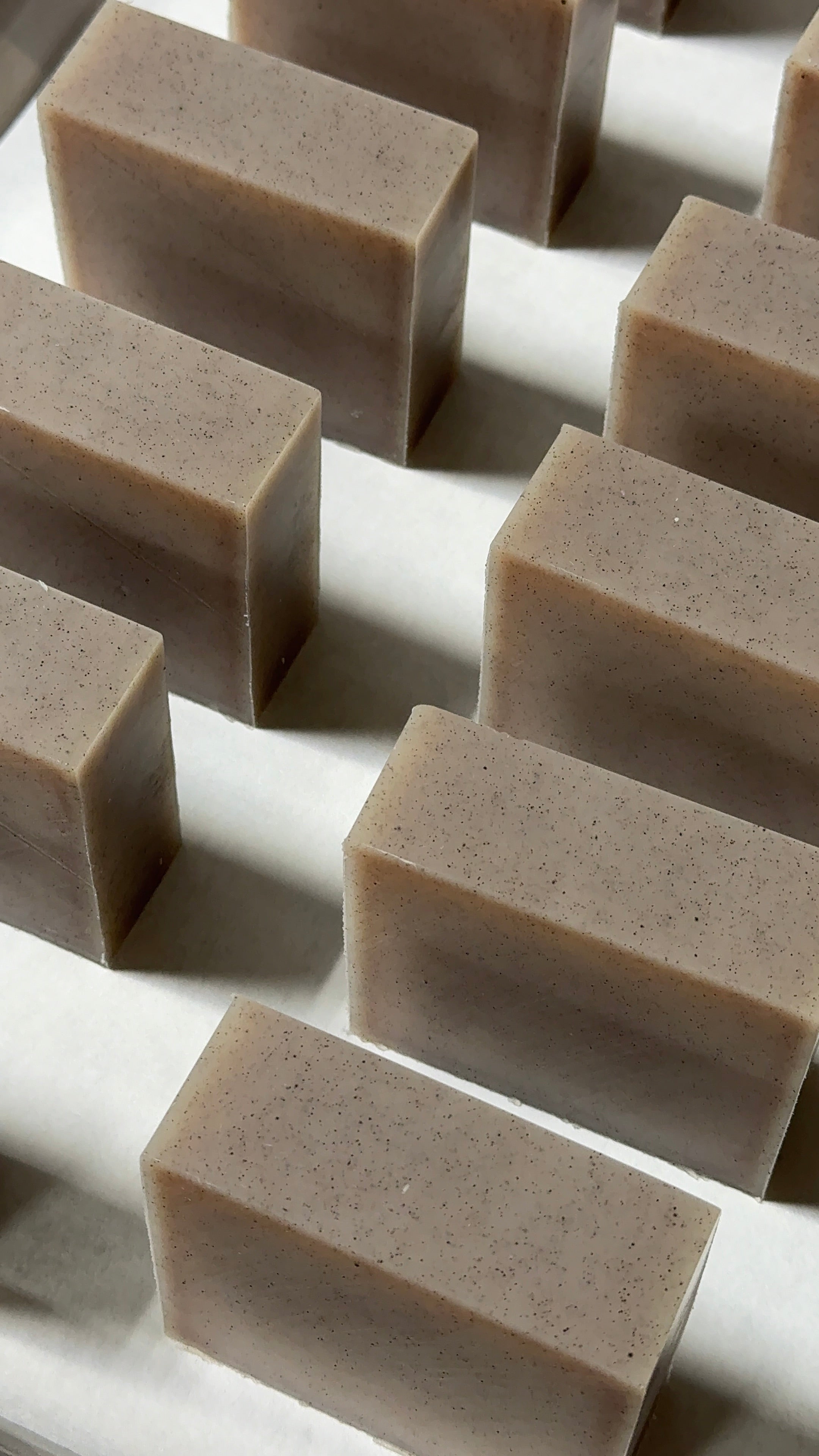 Collection of body scrub soap bars with plants, grapes, a sunflower, cut fruit, natural bristle brush against a whitewashed wood structure.